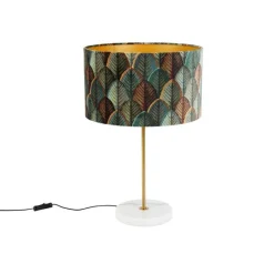 QAZQA Tischleuchte Messing mit Samtlampenschirm Blattdesign und goldener Innenseite - Kaso