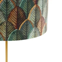 QAZQA Tischleuchte Messing mit Samtlampenschirm Blattdesign und goldener Innenseite - Kaso