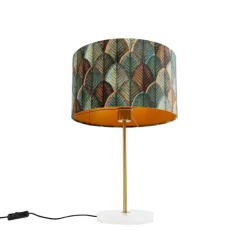 QAZQA Tischleuchte Messing mit Samtlampenschirm Blattdesign und goldener Innenseite - Kaso