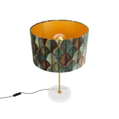 QAZQA Tischleuchte Messing mit Samtlampenschirm Blattdesign und goldener Innenseite - Kaso