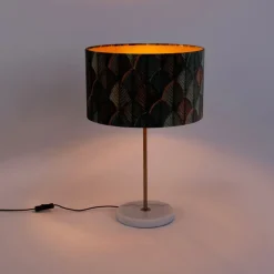 QAZQA Tischleuchte Messing mit Samtlampenschirm Blattdesign und goldener Innenseite - Kaso