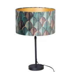 QAZQA Tischleuchte Schwarz mit Samtlampenschirm Blattdesign und goldener Innenseite - Parte