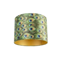 QAZQA Velours-Lampenschirm im Pfauendesign 40/40/30 mit goldener Innenseite