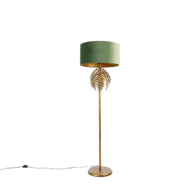 QAZQA Vintage goldene Stehlampe mit grünem Samtschirm - Botanica