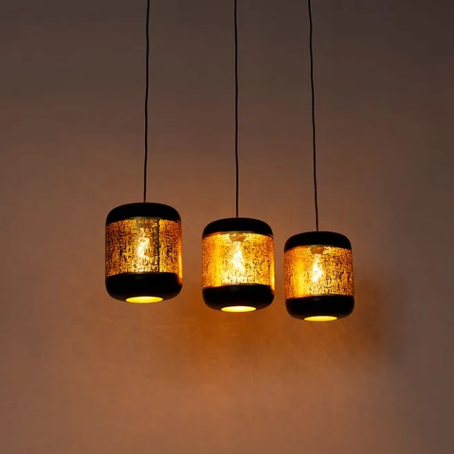 QAZQA Vintage Hängelampe schwarz mit Messing länglich 3-flammig - Kayleigh