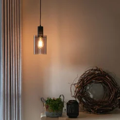 QAZQA Vintage Hängelampe schwarz mit Rauchglas - Vidra