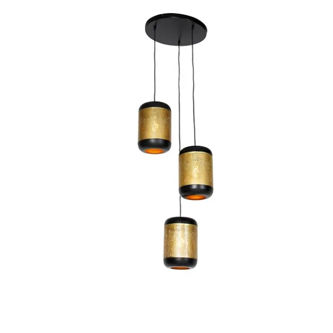 QAZQA Vintage Hängelampe schwarz mit Messing rund 3-flammig - Kayleigh