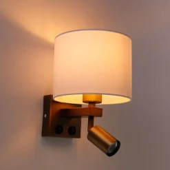 QAZQA Wandleuchte Bronze mit Leselampe und Schirm 18 cm weiß - Brescia