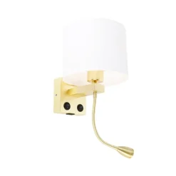 QAZQA Wandleuchte gold mit USB und Schirm weiß 18 cm - Brescia Combi