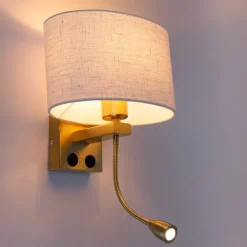 QAZQA Wandleuchte Messing mit ovalem Leinen-Schirm weiß 25cm - Brescia Combi