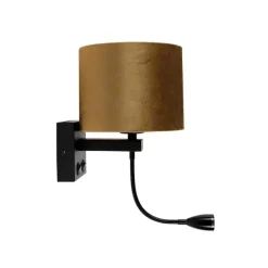 QAZQA Wandleuchte Schwarz mit Bronze-Samt-Schirm 18cm - Brescia