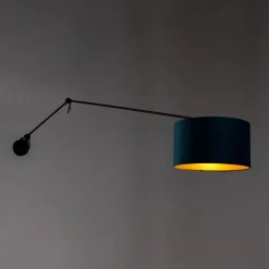 QAZQA Wandleuchte schwarz mit Veloursschirm blau 35 cm verstellbar - Blitz