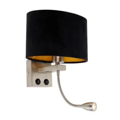 QAZQA Wandleuchte Stahl mit ovalem Samtschirm schwarz 25cm - Brescia Combi